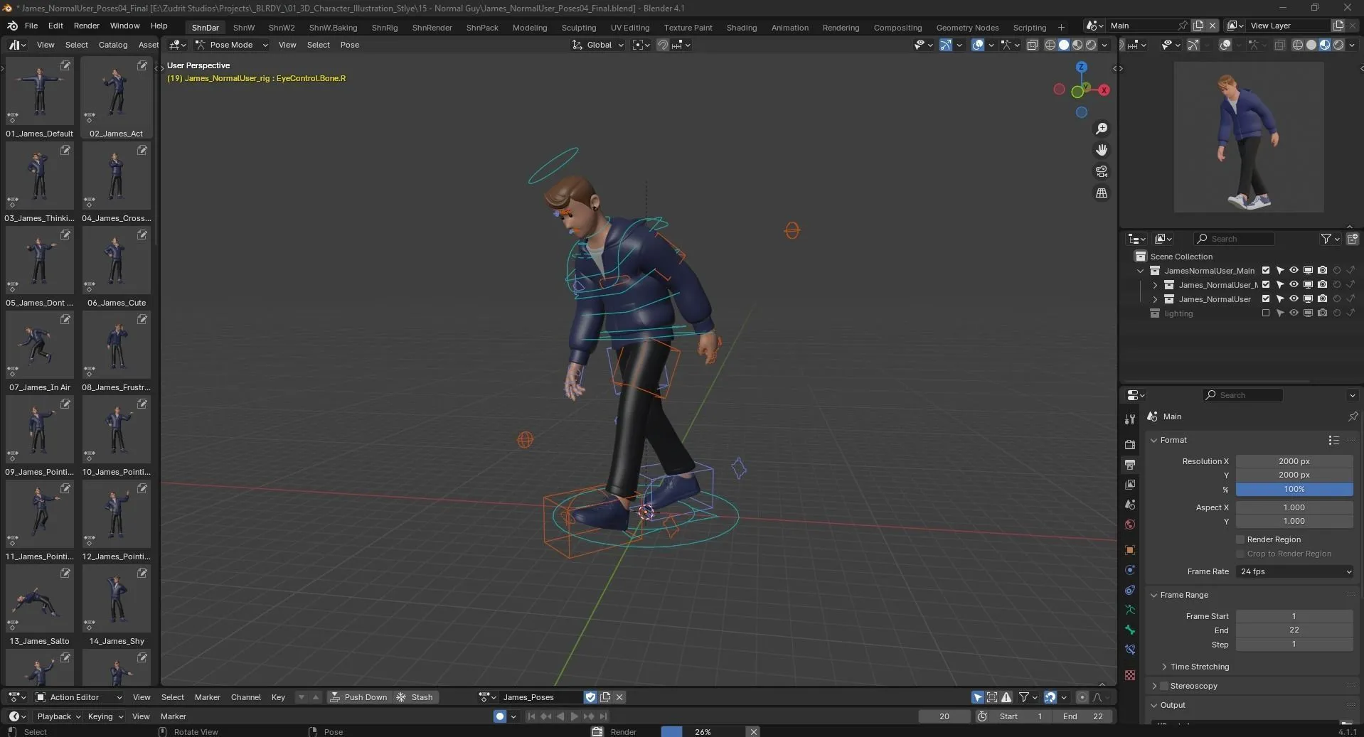 Cartoon Man Illustration - Rigged 3D Character in Blender with advanced face and body rigging system
